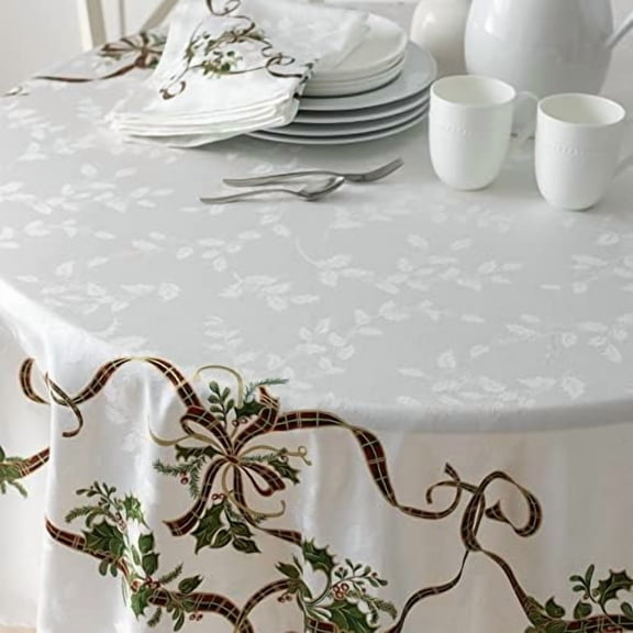 Heavyweight Engineered Printed Jacquard Fabric Christmas Table Cloth, for Holiday, Winter, and Christmas Tablecloth (Merry Ribbons, 70" Round)