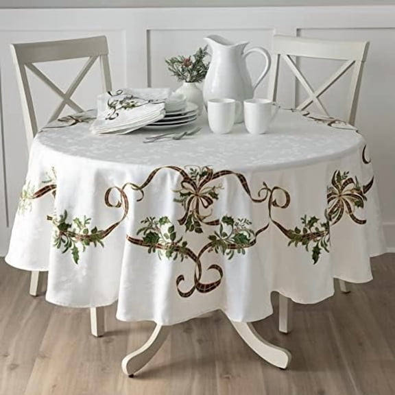 Heavyweight Engineered Printed Jacquard Fabric Christmas Table Cloth, for Holiday, Winter, and Christmas Tablecloth (Merry Ribbons, 70" Round)