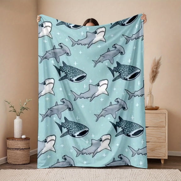 Heavyweight Flannel Blanket 280gsm - Shark Whale Marine Design, Soft Blue Plush, All-Season Cozy Throw for Bed Sofa Car Camping, Warm Durable Home Decor Gift