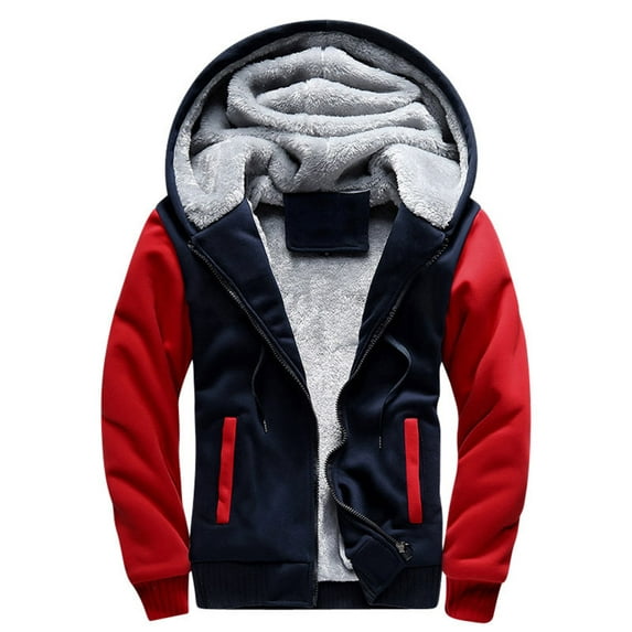 Heavyweight Fleece Lined Drawstring Hoodies for Men Fashion Color Block Full Zip Up Warm Winter Sweatshirts Work Jackets