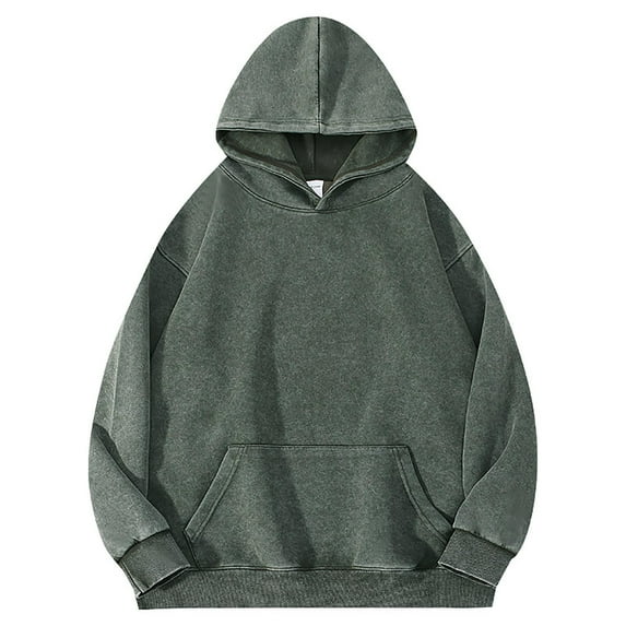 Heavyweight Hoodies for Men Vintage Long Sleeve Sweatshirts Mens Trendy Washed Solid Color Pullover Drop Shoulder Going-Out Hoodie with Front Pocket