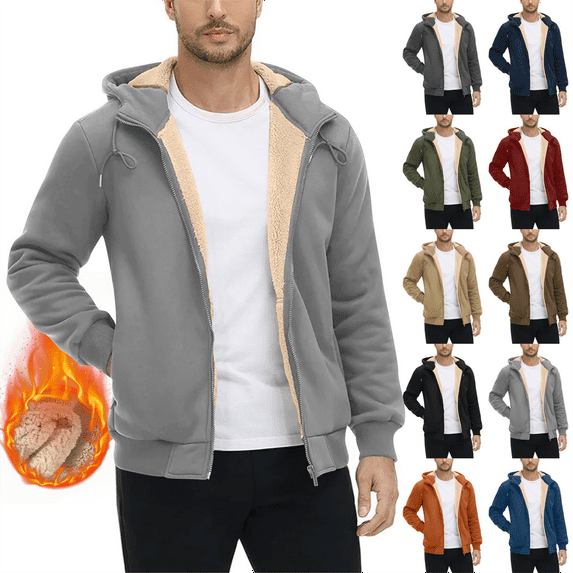 Heavyweight Hoodies for Men Zip Up Sherpa Lined Sweatshirt Windproof Fleece Jacket Winter Thermal Warm Casual for Cold Weather