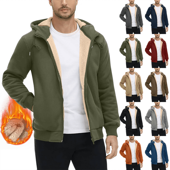 Heavyweight Hoodies for Men Zip Up Sherpa Lined Sweatshirt Windproof Fleece Jacket Winter Thermal Warm Casual for Cold Weather