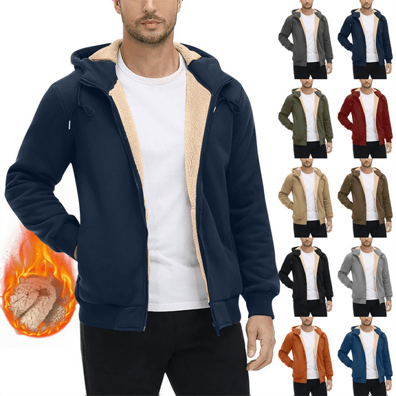 Heavyweight Hoodies for Men Zip Up Sherpa Lined Sweatshirt Windproof Fleece Jacket Winter Thermal Warm Casual for Cold Weather