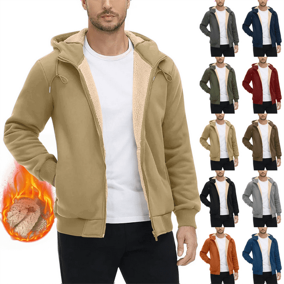 Heavyweight Hoodies for Men Zip Up Sherpa Lined Sweatshirt Windproof Fleece Jacket Winter Thermal Warm Casual for Cold Weather