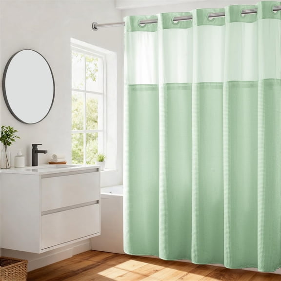 Heavyweight Hookless Green Light Waffle Weave Shower Curtain with Snap-In Liner 71"W x 74"H