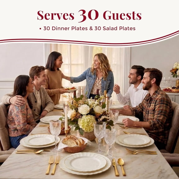 Heavyweight Ivory Scalloped Plates with Gold Trim - 60 Pc Disposable Dinnerware Set for Weddings & Events