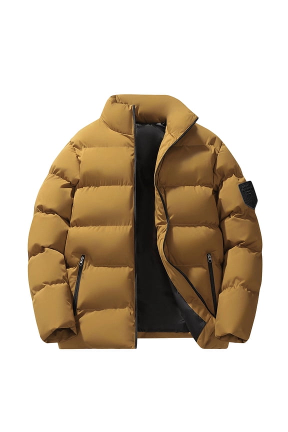 Heavyweight Jackets for Men Thicken Winter Warm Puffer Down Coat Stand Collar Full-zip Quilted Outerwear Jacket (3XL, Brown)