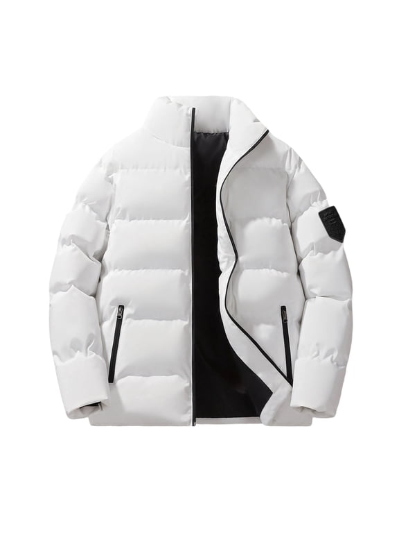Heavyweight Jackets for Men Thicken Winter Warm Puffer Down Coat Stand Collar Full-zip Quilted Outerwear Jacket (4XL, White)