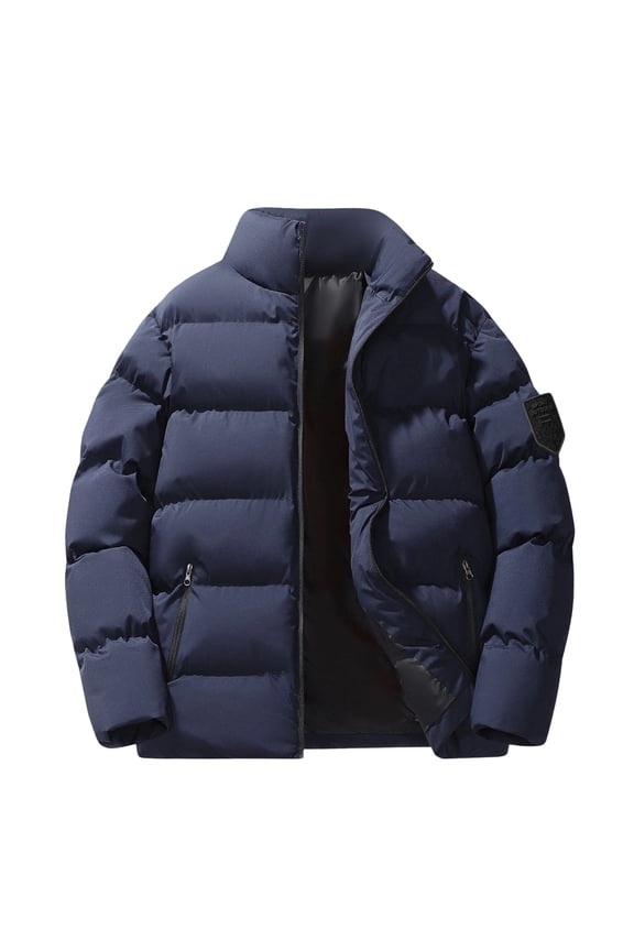 Heavyweight Jackets for Men Thicken Winter Warm Puffer Down Coat Stand Collar Full-zip Quilted Outerwear Jacket (XL, Dark Blue)