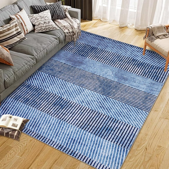Heavyweight Pearl Velvet Washable Foldable Printed Rug XM Modern Geometric Blue Tone USA 9x12ft