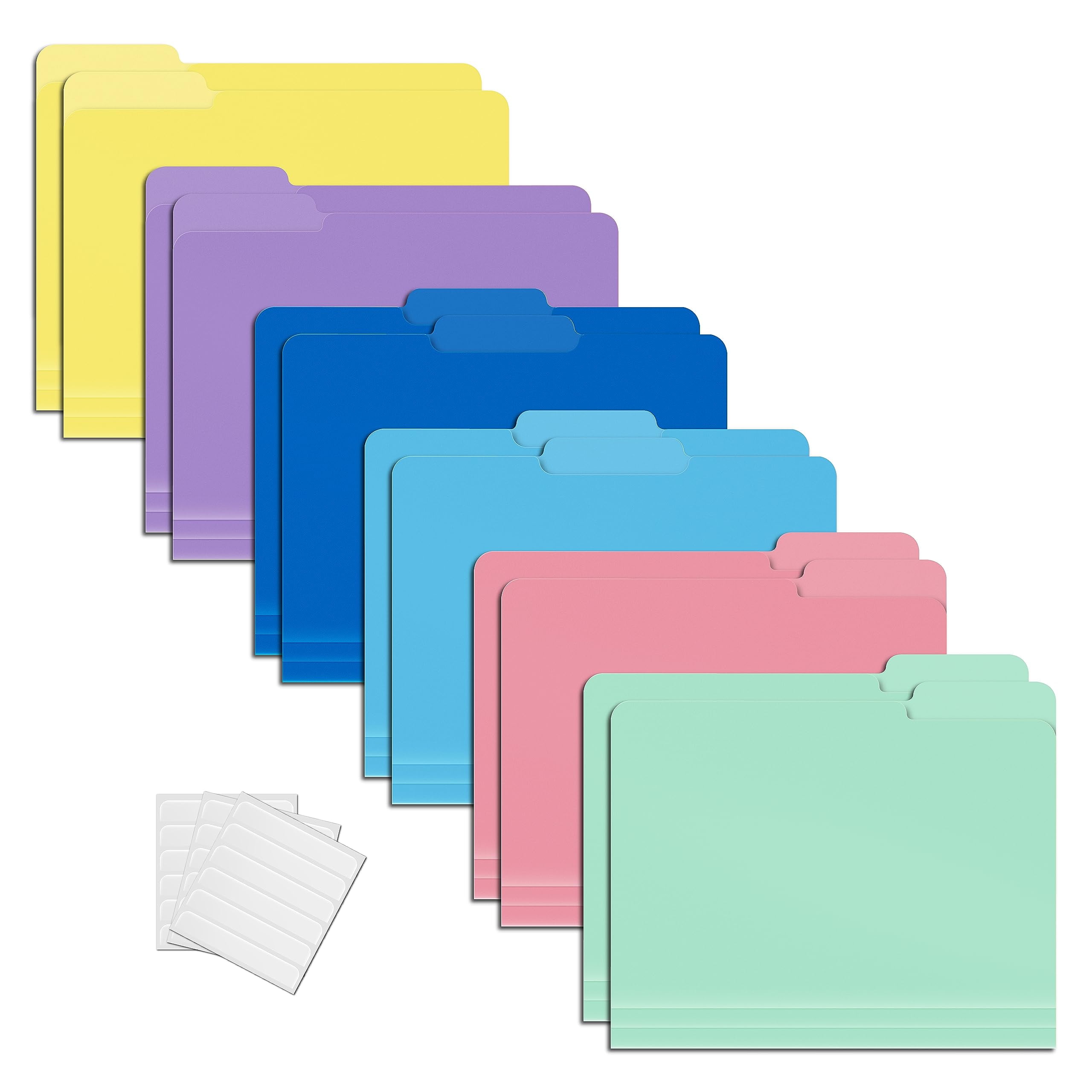 Heavyweight Poly File Folders, 1/3 Cut Tabs, 12 Pack, Assorted Colors, Letter Size, with Adhesive Labels, by Better Office Products