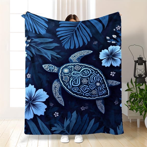 Heavyweight Quilted Flannel Blanket, Retro Polynesian Turtle Hibiscus Print, Soft Luxury Bedding, Machine Washable, for Bed Couch Home Decor