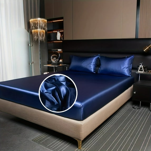 Heavyweight Satin Fitted Sheet Only, Luxury Silky Fitted Sheet Ultra Soft Deep Pocket Bottom Sheet, Wrinkle & Fade Resistant(KING,Dark Blue)