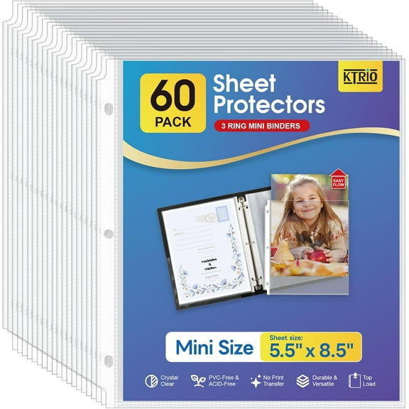 Heavyweight Sheet Protectors 5.5 x 8.5 inch, Clear Page Protector for Mini 3 Ring Binder, Plastic Sleeves for Binders, Top Loading Paper Sheets Sleeve Letter Size, Office & Home, 60 Pack
