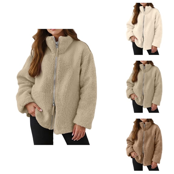 Heavyweight Sherpa Fleece Jacket Women Long Sleeve Casual Funnel Neck Fuzzy Zip Up Jackets Winter Warm Coats Outerwear