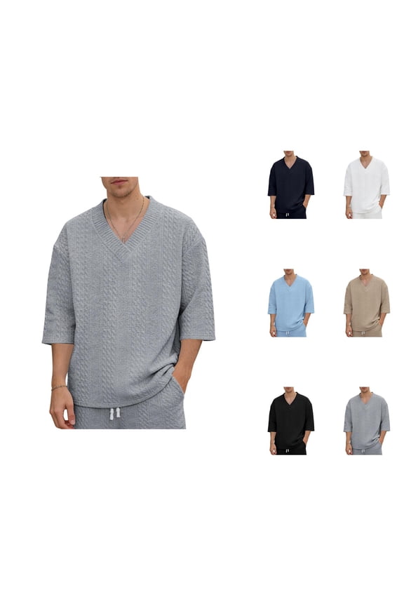 Heavyweight T Shirts for Men 2026 Summer Elbow Sleeve V Neck Drop Shoulder Casual Loose T-Shirts Textured Plain Tshirts