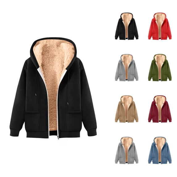 Heavyweight Zip Up Hoodie for Women 2026 Winter Warm Casual Solid Color Hooded Sweatshirt with Pockets Jacket Coat