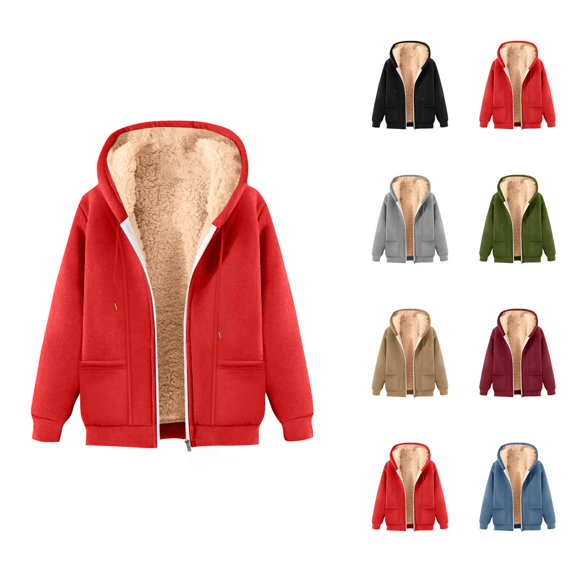 Heavyweight Zip Up Hoodie for Women 2026 Winter Warm Casual Solid Color Hooded Sweatshirt with Pockets Jacket Coat