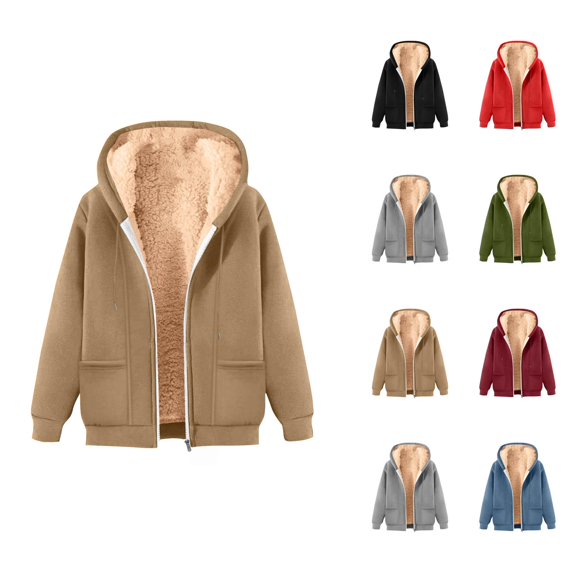 Heavyweight Zip Up Hoodie for Women 2026 Winter Warm Casual Solid Color Hooded Sweatshirt with Pockets Jacket Coat