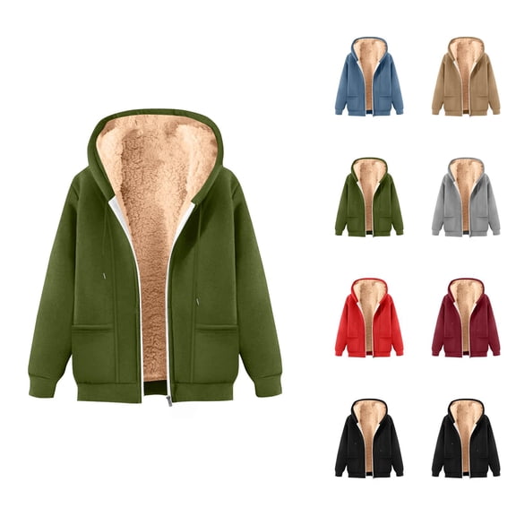 Heavyweight Zip Up Hoodie for Women 2026 Winter Warm Casual Solid Color Hooded Sweatshirt with Pockets Jacket Outerwear