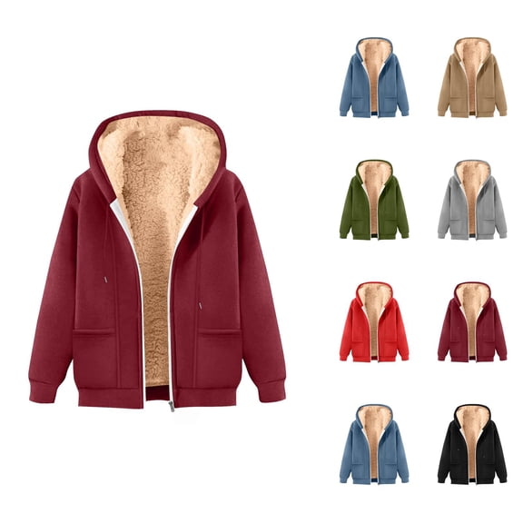 Heavyweight Zip Up Hoodie for Women 2026 Winter Warm Casual Solid Color Hooded Sweatshirt with Pockets Jacket Outerwear