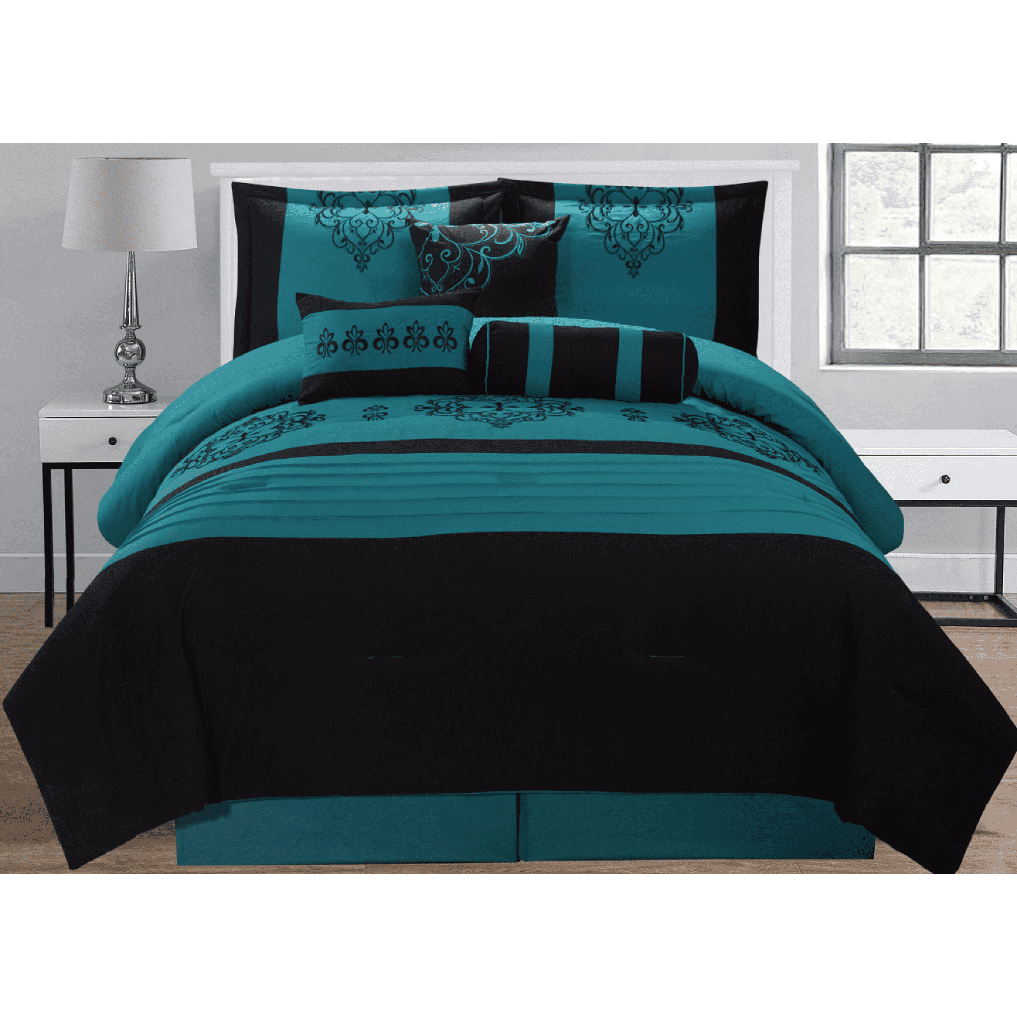Heba 8PC Embroidered Comforter Set Extra Soft, Oversized, Teal