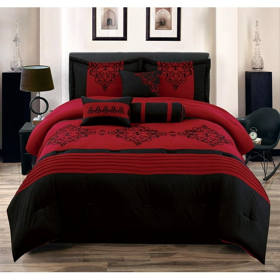 Heba Queen Size 7-Piece Comforter Set Red & Black Bed in a Bag Over-Sized Embroidered Bedding