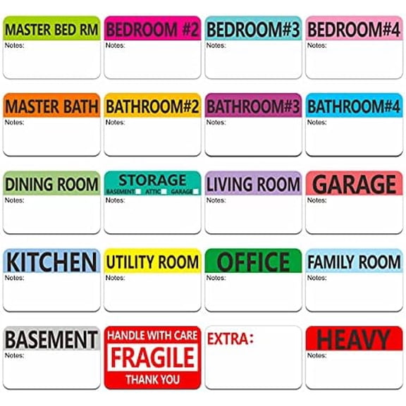 Hebayy 500 pcs 20 Designs Pre-Printed Color-Coded Home Moving Packing Box Labels with Writable Notes Areas, Each Measures 2” x 3”