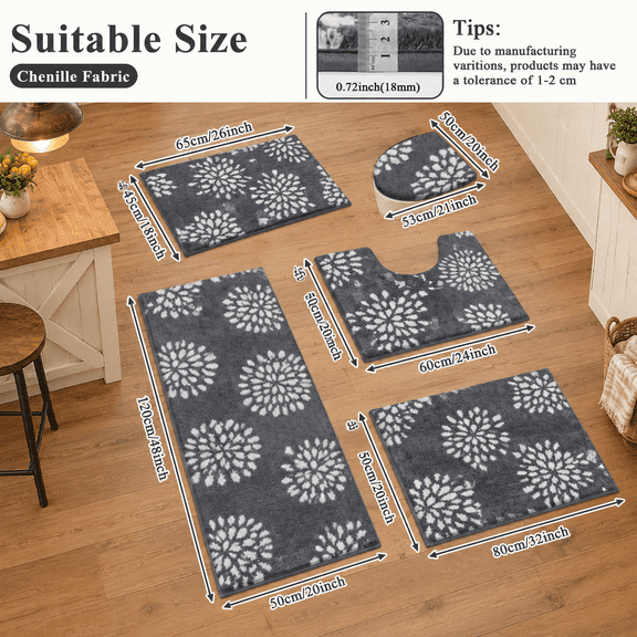 Hebe Bathroom Rugs Set 5 Piece Non Slip Washable Absorbent Bath Mat