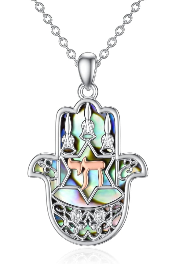Hebrew Chai Necklaces Sterling Silver Hamsa Hand Pendant Necklace with Abalone Shell Jewish Jewelry Christian Gifts for Women Men