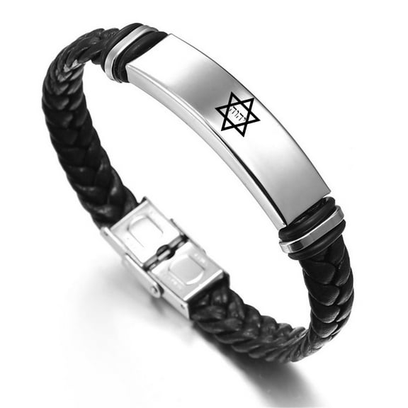 Hebrew God Name Yhvh with Star of David Leather Bracelet with Stainless Steel Buckle, Jewish Star Hexagram Tetragrammaton Symbol Bangle for Unisex, Black, 8.26''