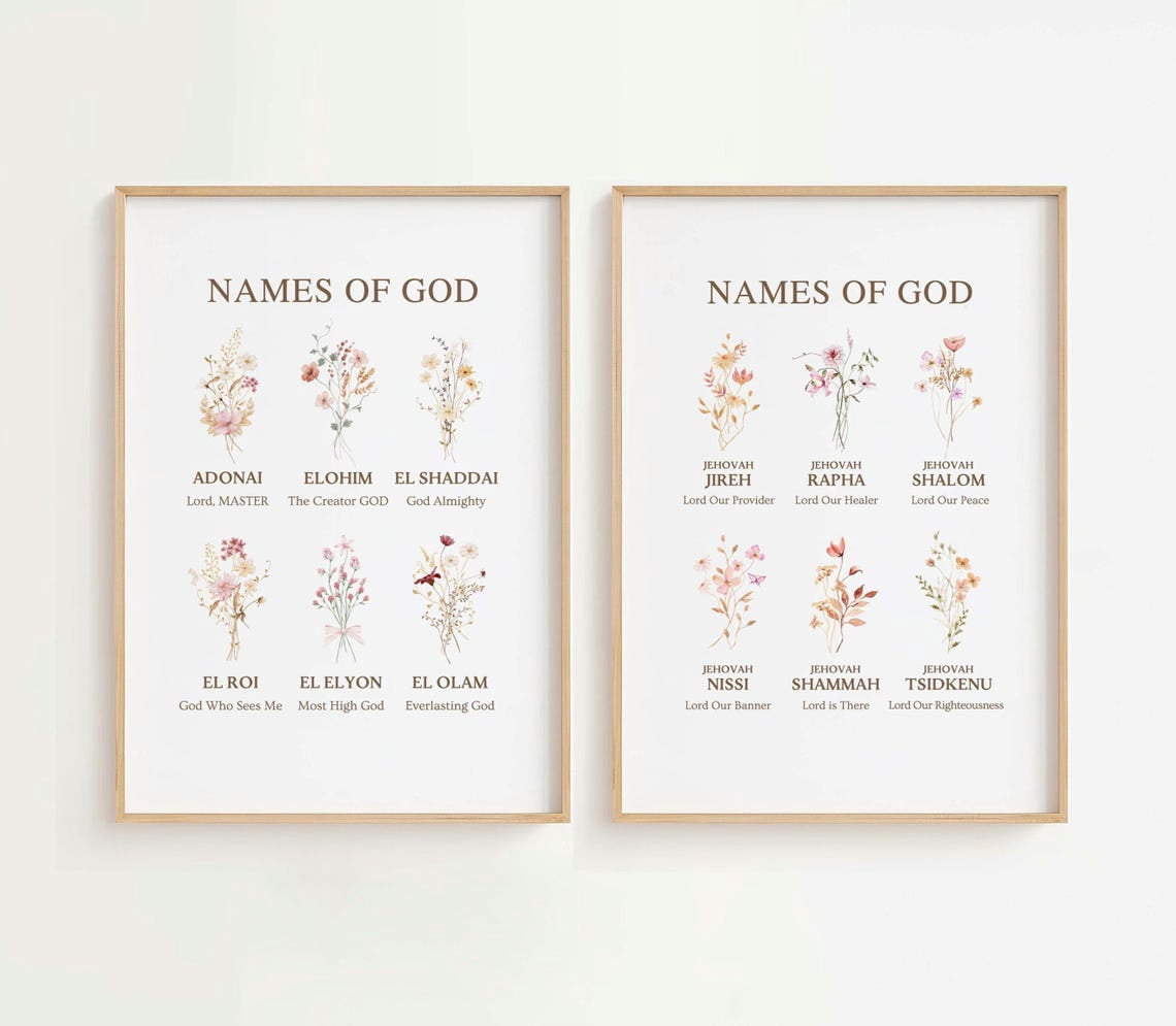 Hebrew Names of God Floral Wall Art Print Religious Decoration Set 2 ...