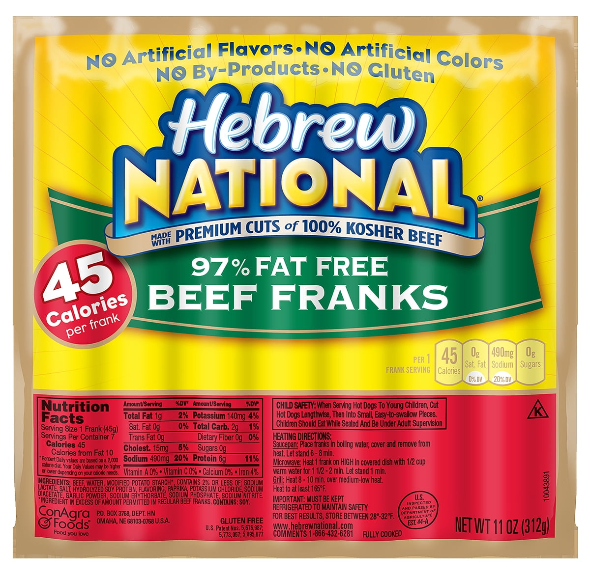 Hebrew National 100% Kosher Beef Franks, 10.3 oz, 6 Ct Pack