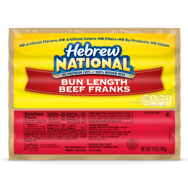 Hebrew National Bun Length Beef Franks 12 oz 6 Count Kosher Hot