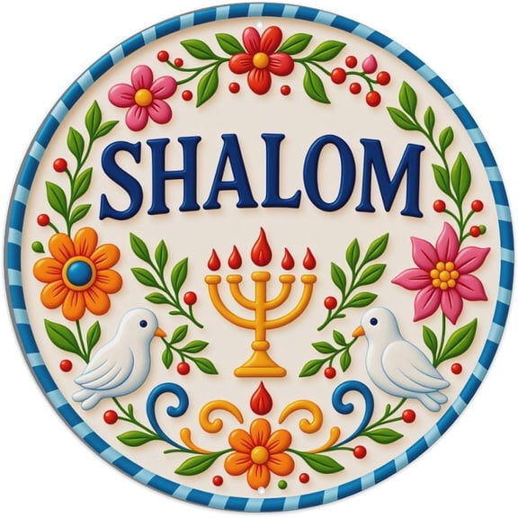 Hebrew Shalom Peace Sign Round Tin Sign Vintage Metal Wall Plaque Home Bar Decor 8x8 Inches