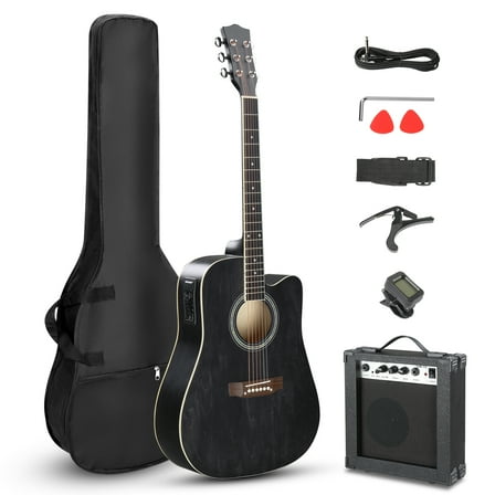 Hecake Full-Size Acoustic Electric Guitar with Amp, 41 Inch Basswood Body Guitars Kit for Beginner & Intermediate W/Bag, Strap, and Capo All Accessories Included,Black