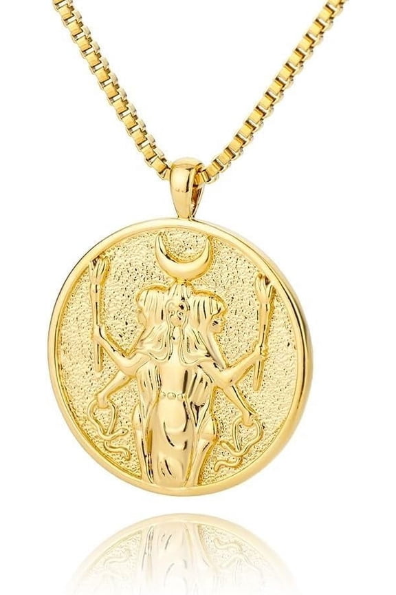 Hecate Athena Artemis 18K Gold Plated Necklace,Greek Mythology Necklace,Gold Medallion Queen Necklace For Women