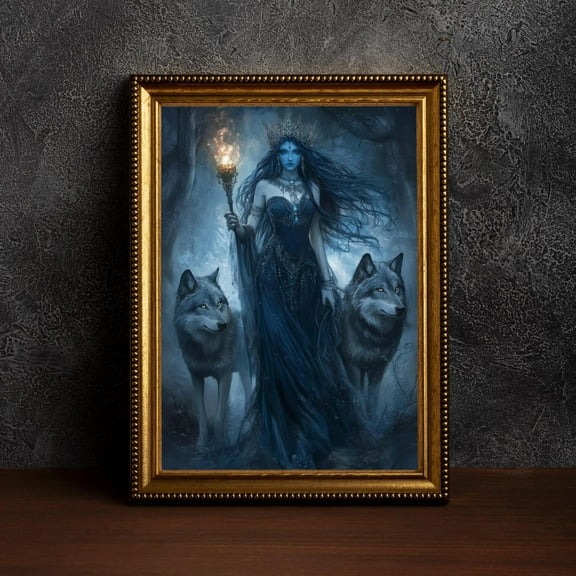 Hecate Guardian Of The Night, Greek Mythology Wall Art,Gothic Hecate Portrait,Cottagecore Pagan Poster,Hecate And Wolfs,Witch Decor Poster, F038.8, 8x12 UNFRAMED