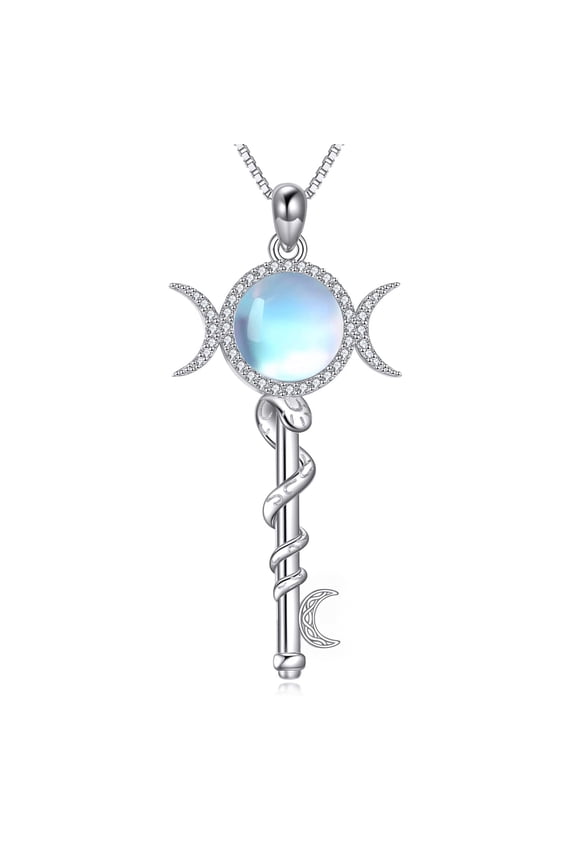 Hecate Key Necklace for Women Sterling Silver Triple Moon Goddess Hecate Pendant Necklace with Moonstone Wiccan Amulet Jewelry Gift for Her