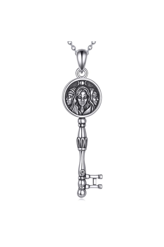Hecate Necklace Sterling Silver Triple Moon Goddess Key Pendant Wiccan Jewelry Gifts for Women