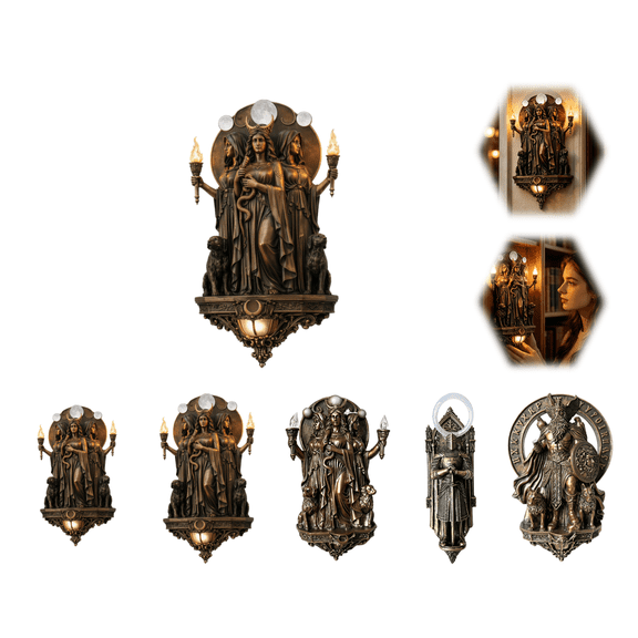 Hecate Triple Goddess LED Wall Sconce Light, 6.69x5.12 Inch Illuminated Wall Lamp with Torch & Crescent Design, Vintage Resin Decorative Lighting for Bedroom, Living Room & Home Gothic Styling