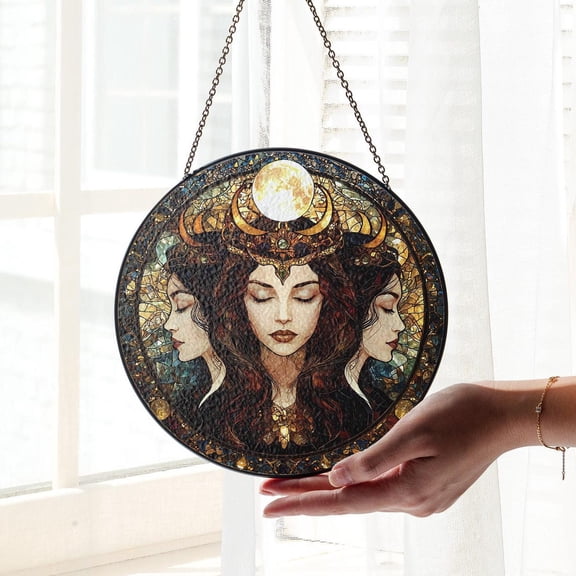 Hecate Triple Moon Goddess Suncatcher, Hecate Goddess Glass Suncatcher, Goddess Window Decor,Pagan Wiccan Gift,Dark Feminine Energy, Suncatcher Window Hanging, 6.3 in