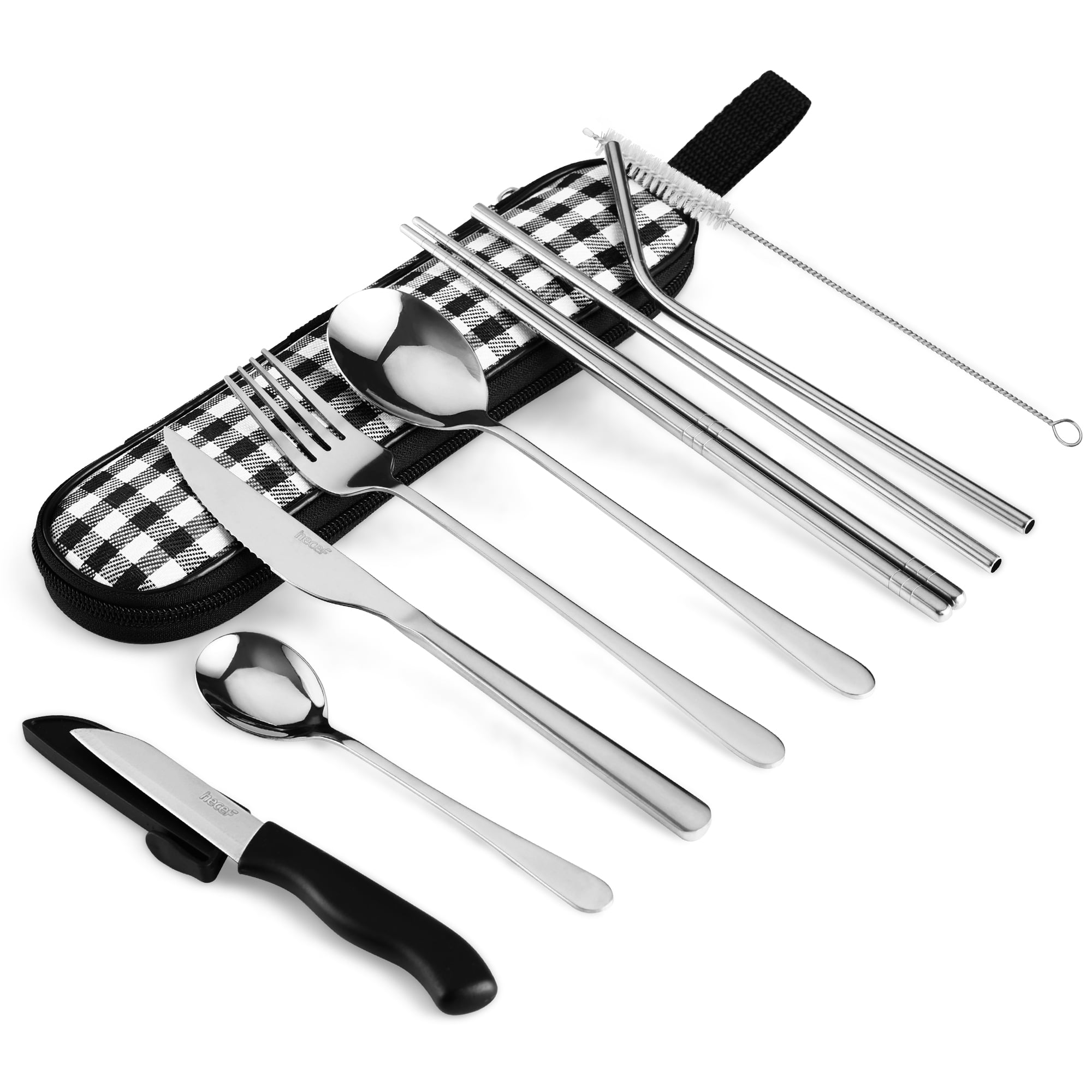 Hecef 10 Pcs Portable Cutlery Set with Carrying Bag, Reusable Stainless