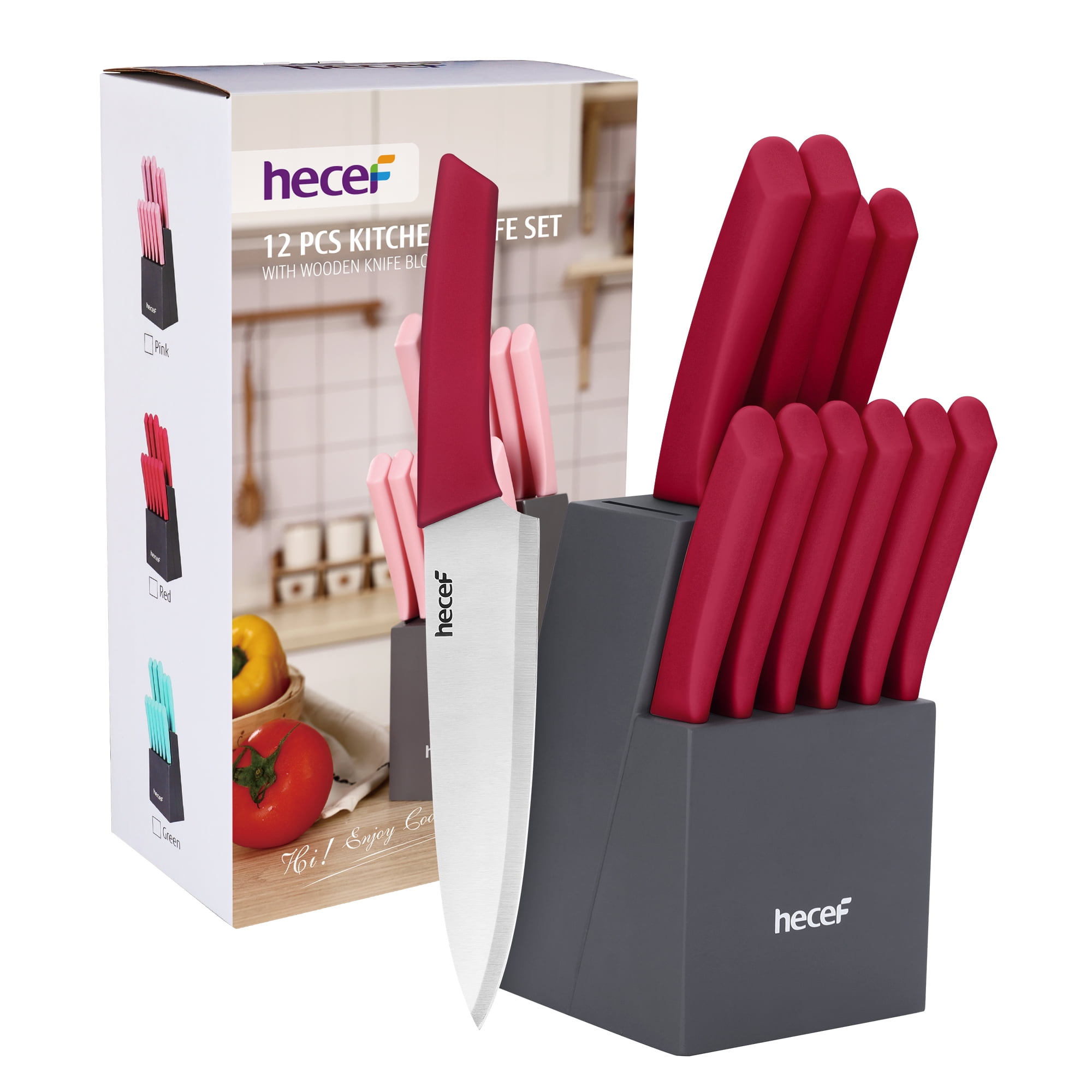 Hecef 12 Pcs Kitchen Knife Block Set with Block, Steak Knives