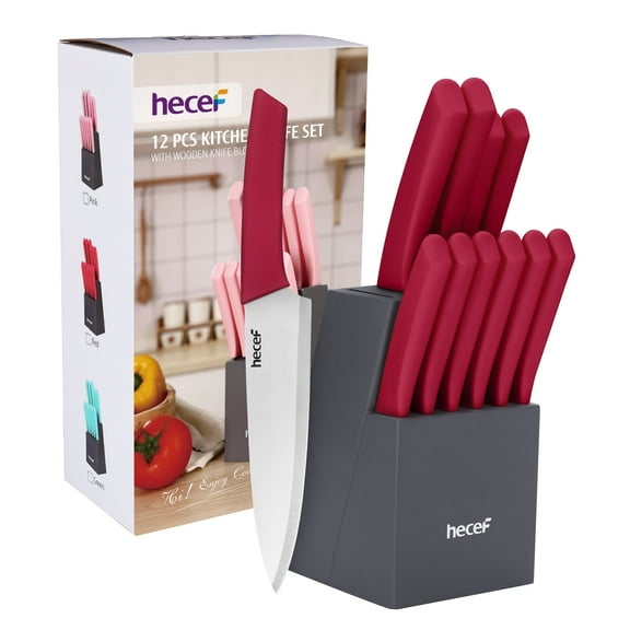 Hecef 12 Pcs Kitchen Knife Set with Wooden Block, Steak Knives, Stainless Steel Chef Knife