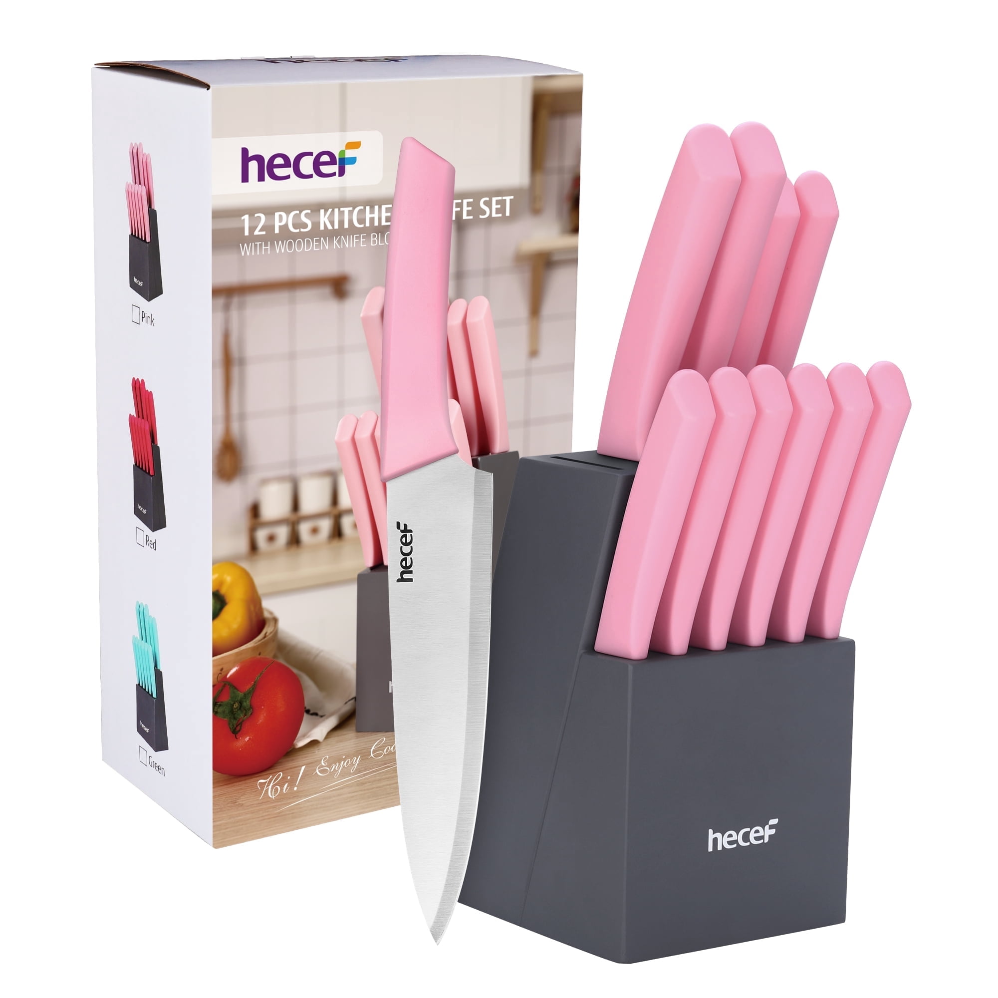 Hecef 12-Piece Stainless Steel Kitchen Knife Block Set with Steak Knives