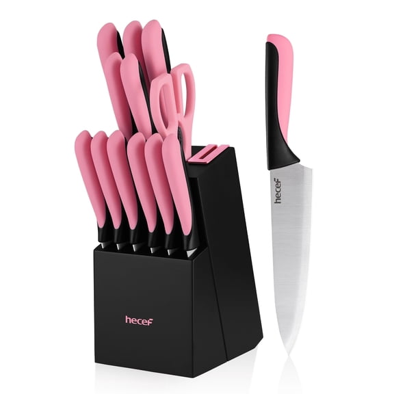 Hecef 13-Piece Knife Set, Stainless Steel Kitchen Knives with Block, Chef Knife, Santoku Knife, Steak Knives, Scissors