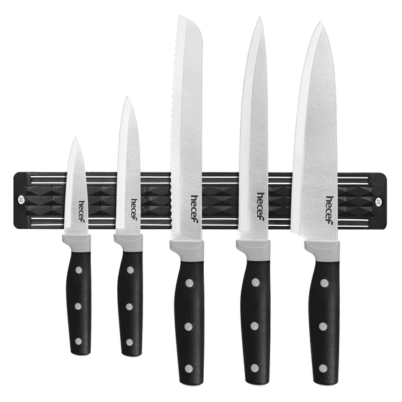 Hecef 13-Inch Magnetic Knife Strip and 5-Piece Kitchen Knife Set, Black Chef Utility Cooking Knives