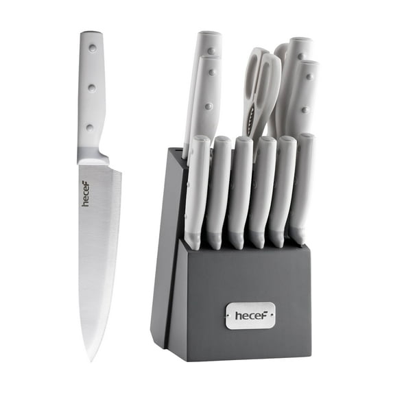Hecef 14-Piece Gray Knife Set with Block and Sharpener, Anti-Rust Stainless Steel Kitchen Knife Set for Chefs